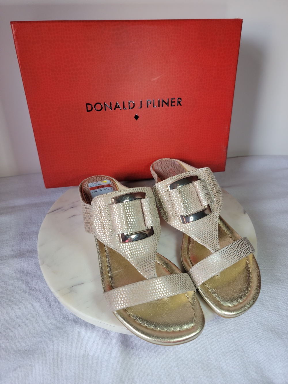 Donald J. Pliner Metallic Gold Slide Sandals with Buckle Detail